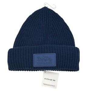 Coach Blue Patch Ribbed Wool Blend Knit Beanie